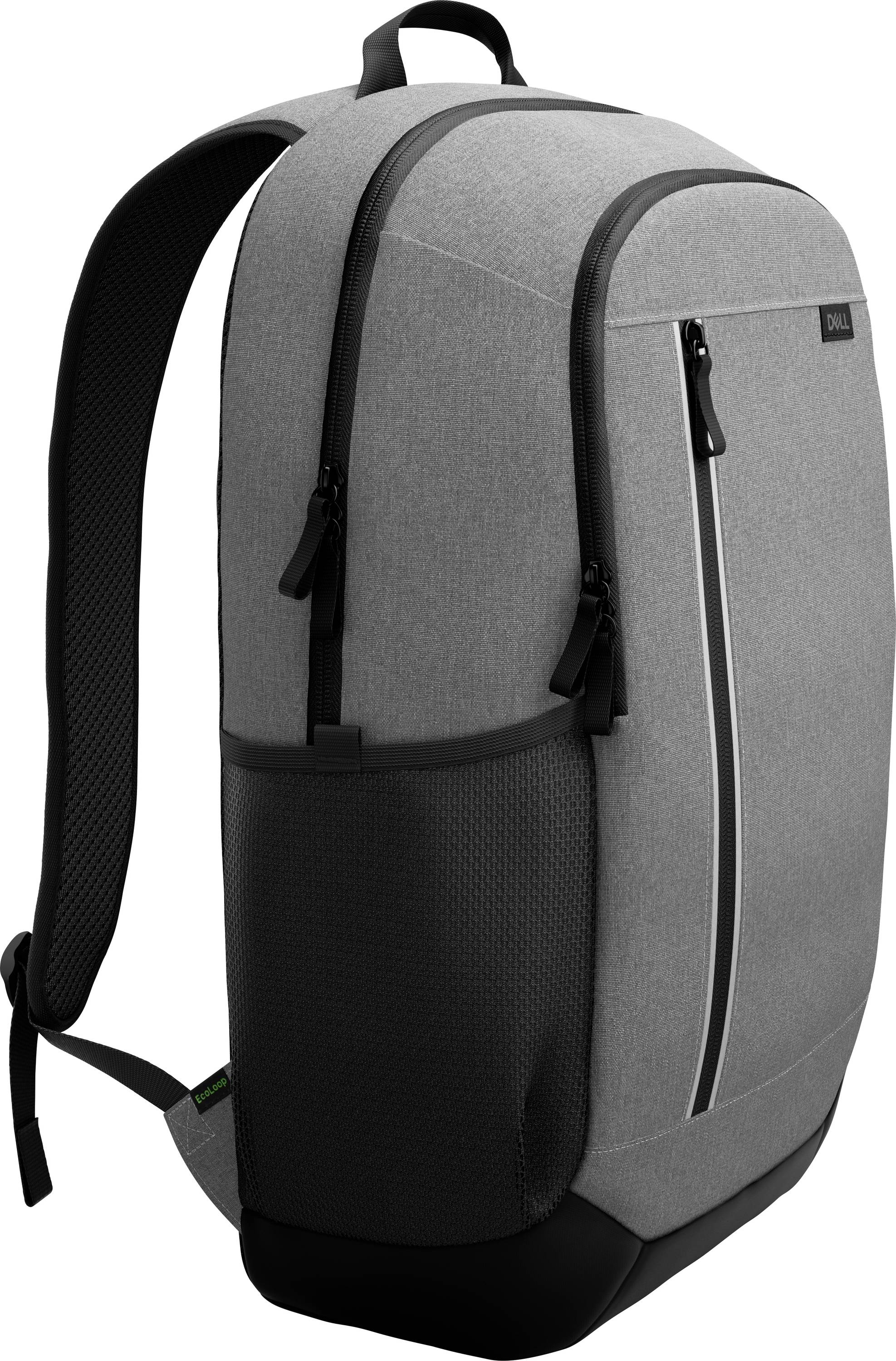 Een grijze rugzak met een strak, modern design heeft een rits aan de voorkant en zwarte zijzakken, geschikt voor dagelijks gebruik of reizen.