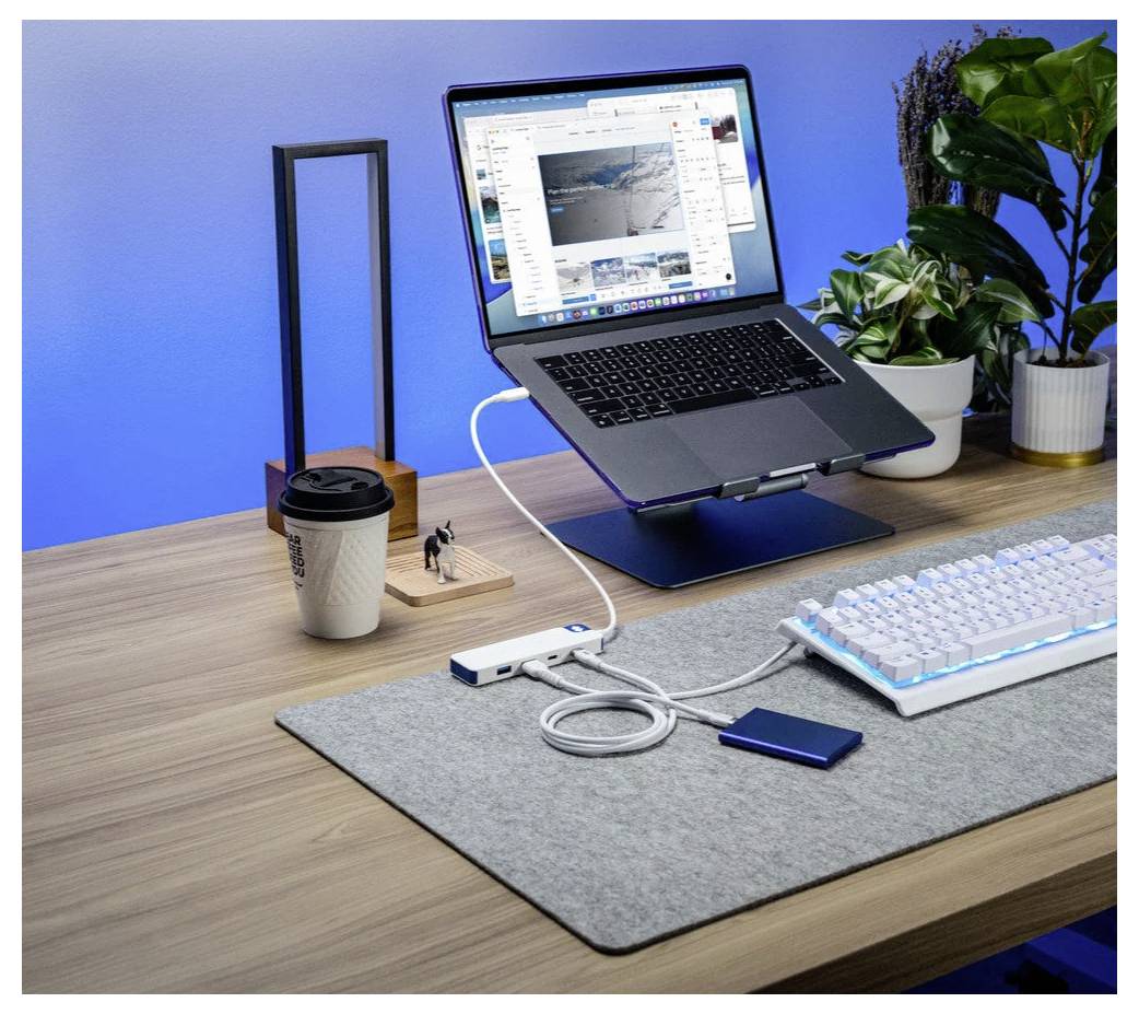 Een moderne werkruimte met een laptop op een standaard, een extern toetsenbord, een externe harde schijf, een kopje koffie en planten op een houten bureau tegen een blauwe achtergrond.