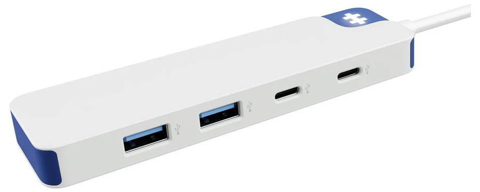'Een witte externe adapter met meerdere poorten, waaronder USB en USB-C, ontworpen voor het aansluiten van verschillende elektronische apparaten.'