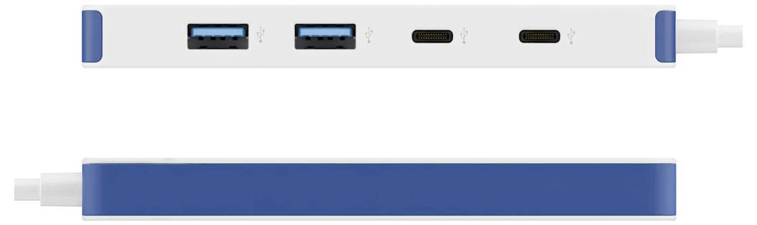 Twee weergaven van een slanke elektronische apparaat in blauw en wit met meerdere poorten, waaronder USB-A en USB-C, voor connectiviteit of opladen.