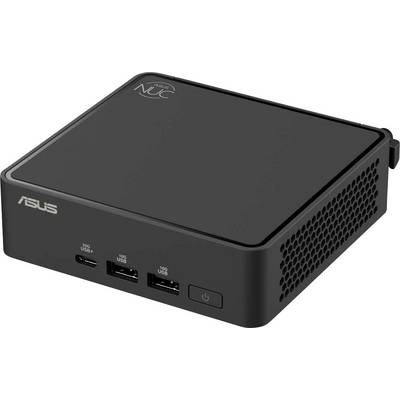 Een kleine, zwarte ASUS mini-PC met meerdere USB-poorten op het voorpaneel, gelabeld als 'NUC', ontworpen voor compacte computersystemen.