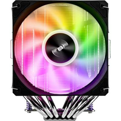 Een computer-CPU-koeler met RGB-verlichting vertoont een spectrum aan kleuren, met een centrale ventilator omringd door verlichte vinnen.