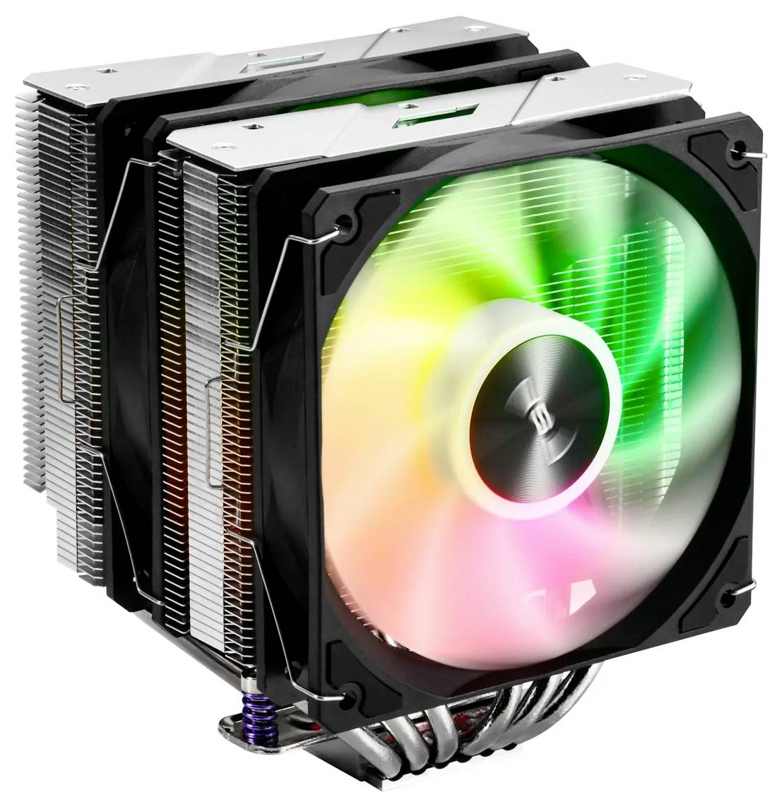 Een CPU-koeler met twee ventilatoren en LED-verlichting. De ventilator wordt verlicht met meerdere kleuren, en de warmteafvoerplaat beschikt over meerdere aluminium vinnen.