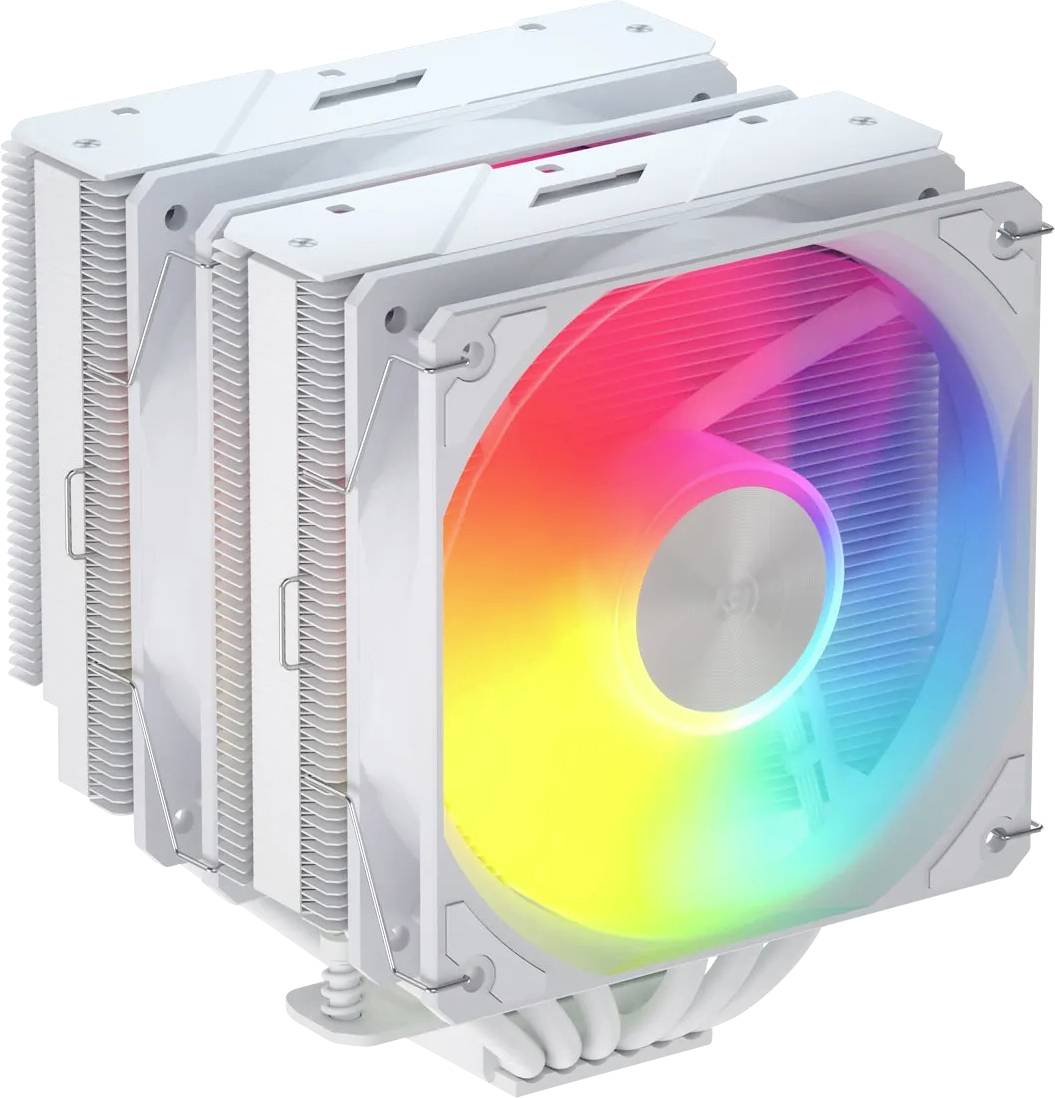 Een dual-tower CPU-koeler met RGB-verlichte ventilator, metallic koelvinnen en heatpipes, ontworpen voor computerkoeling met een kleurrijk verlichtingseffect.