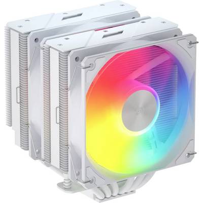 Een dual-tower CPU-koeler met RGB-verlichte ventilator, metallic koelvinnen en heatpipes, ontworpen voor computerkoeling met een kleurrijk verlichtingseffect.
