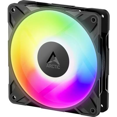 Een computerkoelventilator is verlicht met levendige, kleurrijke RGB-verlichting, met een logo in het midden op een zwart frame.