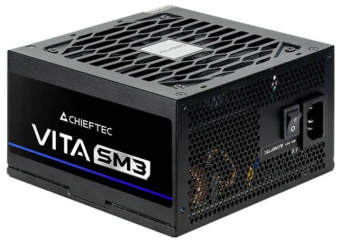 Chieftec VITA SM3 voedingseenheid met een zwarte behuizing, voorzien van een koelventilator bovenop en een aan/uit-schakelaar met kabelaansluitingen aan de zijkant.