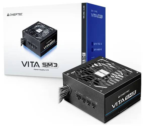 Een Chieftec VITA SM3 voedingseenheid met verpakking. De unit heeft een zwart ventilatorrooster en meerdere uitgangskabels voor computeraansluitingen.