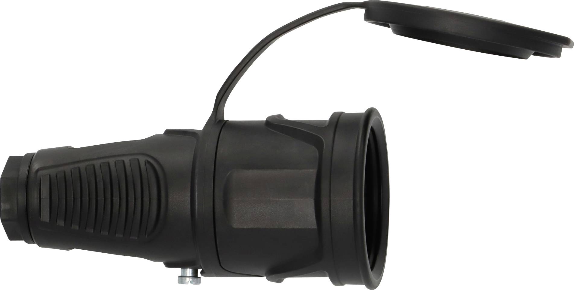 Zwarte industriële elektrische stekkerconnector met een scharnierende beschermkap, getoond op een witte achtergrond.