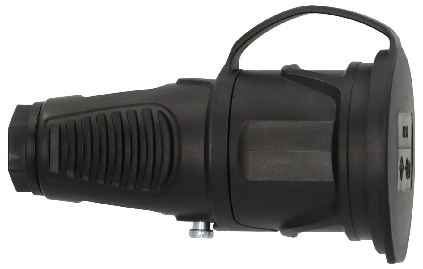 Zwarte draagbare spotlamp of zaklamp liggend op zijn zijkant tegen een witte achtergrond, met een ingebouwde draaggreep en zijdelingse bedieningsschakelaars.