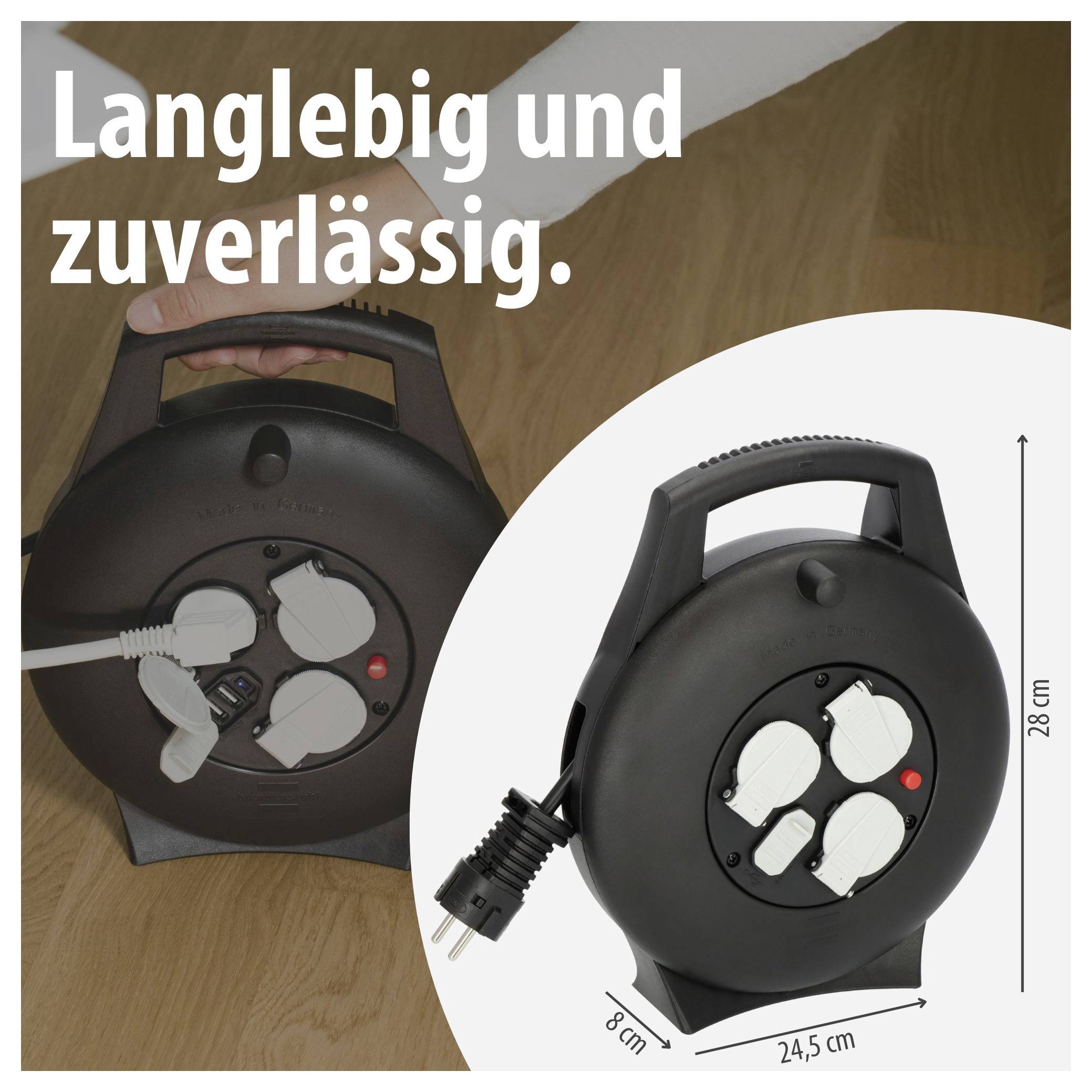Zwarte kabelspoel met drie stopcontacten; geadverteerd als 'Duurzaam en betrouwbaar.' en met afmetingen van 28 cm hoogte, 24,5 cm breedte, 8 cm diepte.