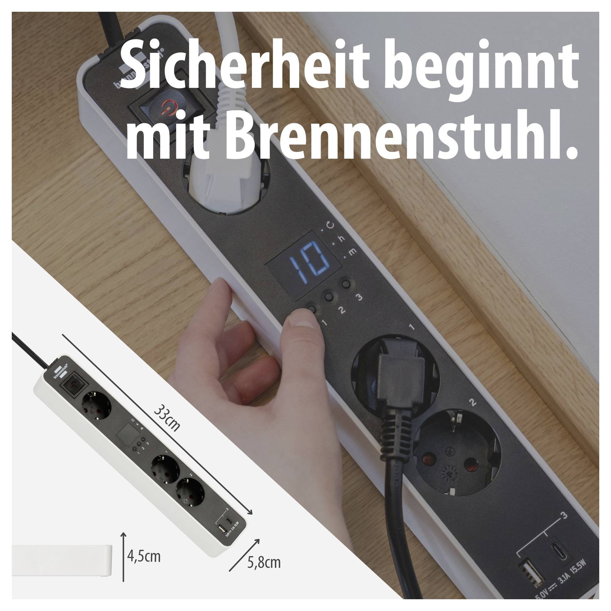 Brennenstuhl stekkerdosenleiste met display; Tekst 'Veiligheid begint met Brennenstuhl.' en maataanduidingen voor grootte.
