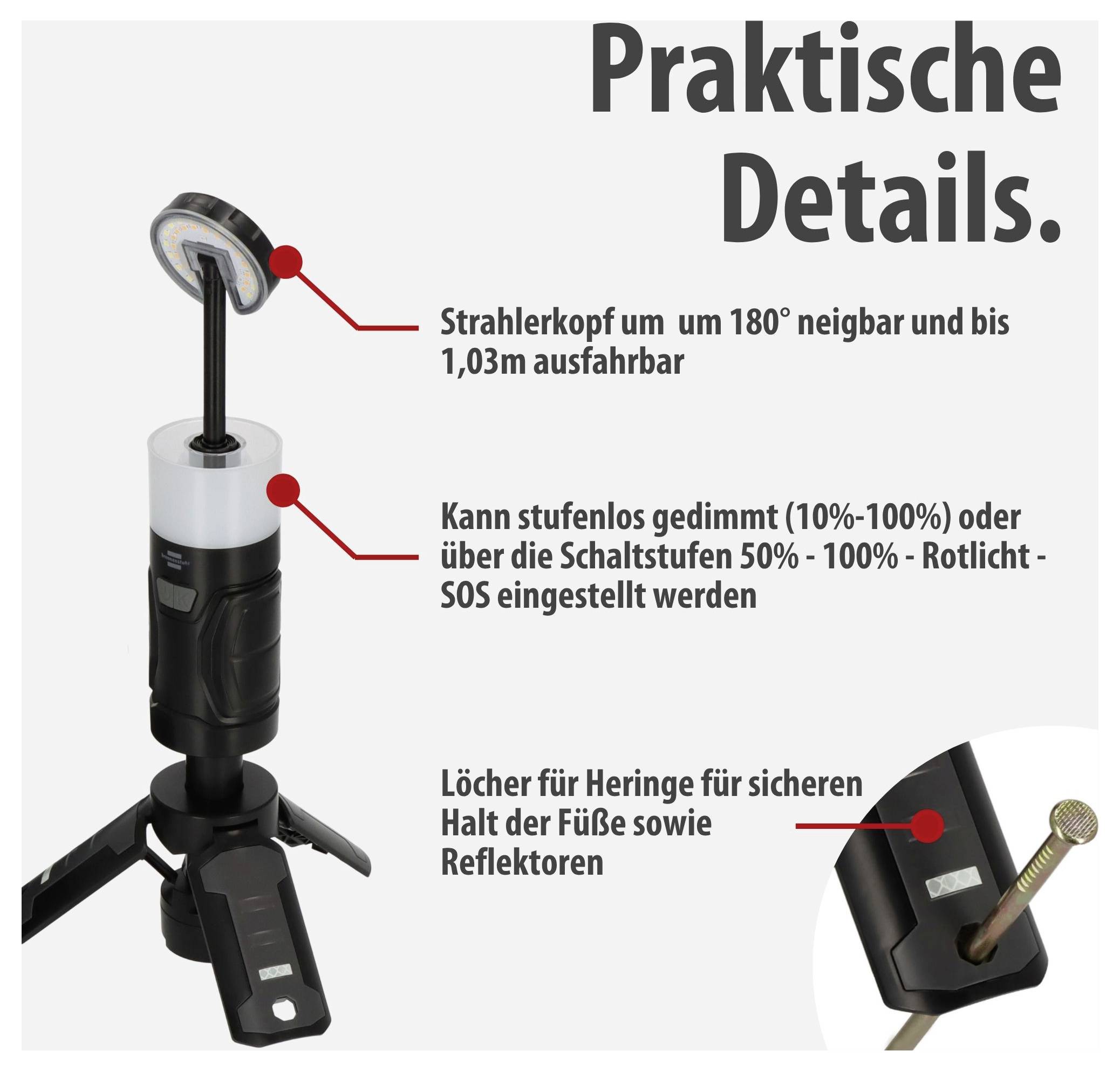 Productafbeelding met de kop 'Praktische Details': verstelbare sproeikop (180°; tot 1,03 m), stappeloos dimmen 10–100 %/schakelstanden 50–100 %, ankersgaten voor veilige houding van voeten en reflectoren.