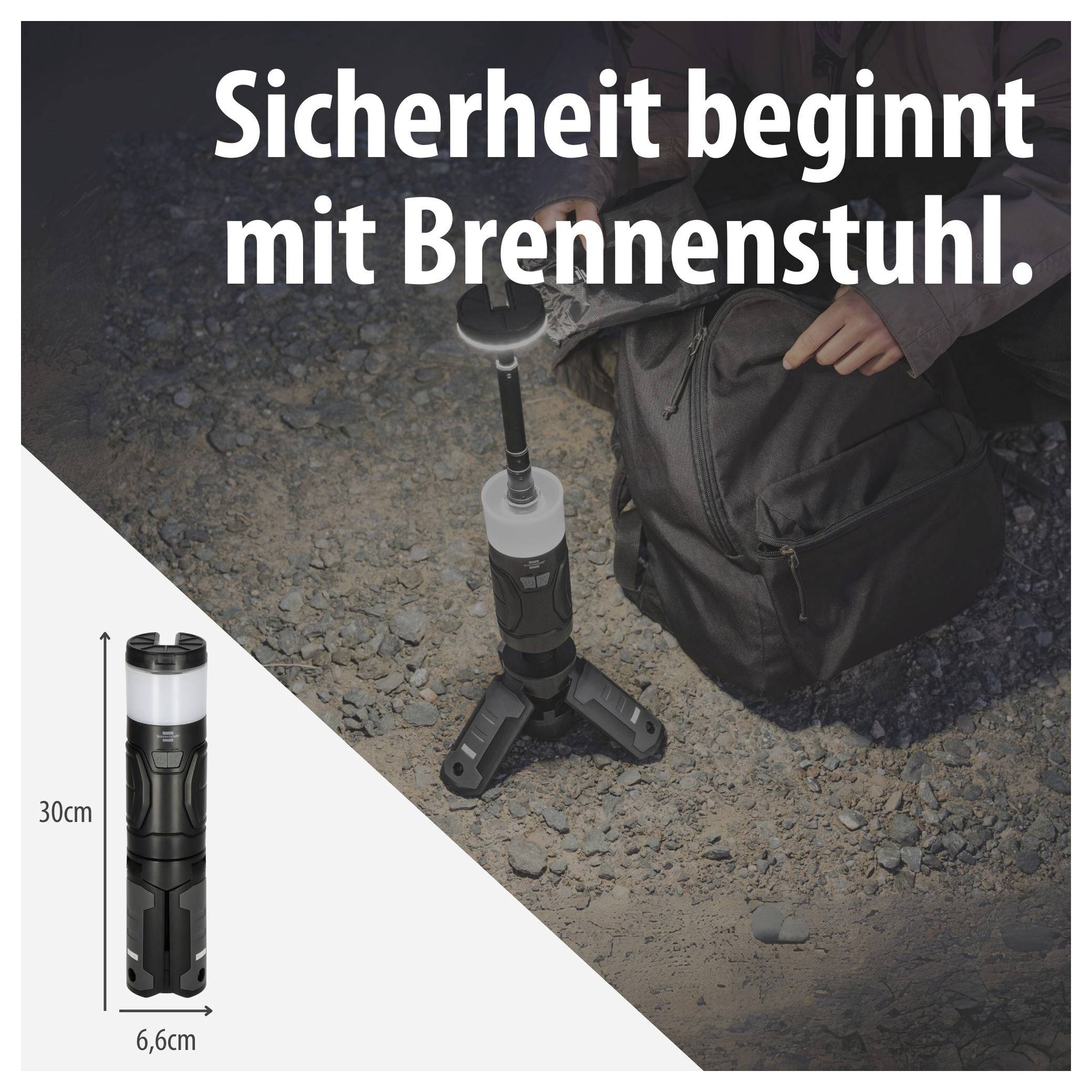 Reclame voor een draagbare Brennenstuhl-lamp: Accu-licht op statiefoering voor buitengebruik, tekst 'Veiligheid begint met Brennenstuhl.', afmetingen 30 cm en 6,6 cm.