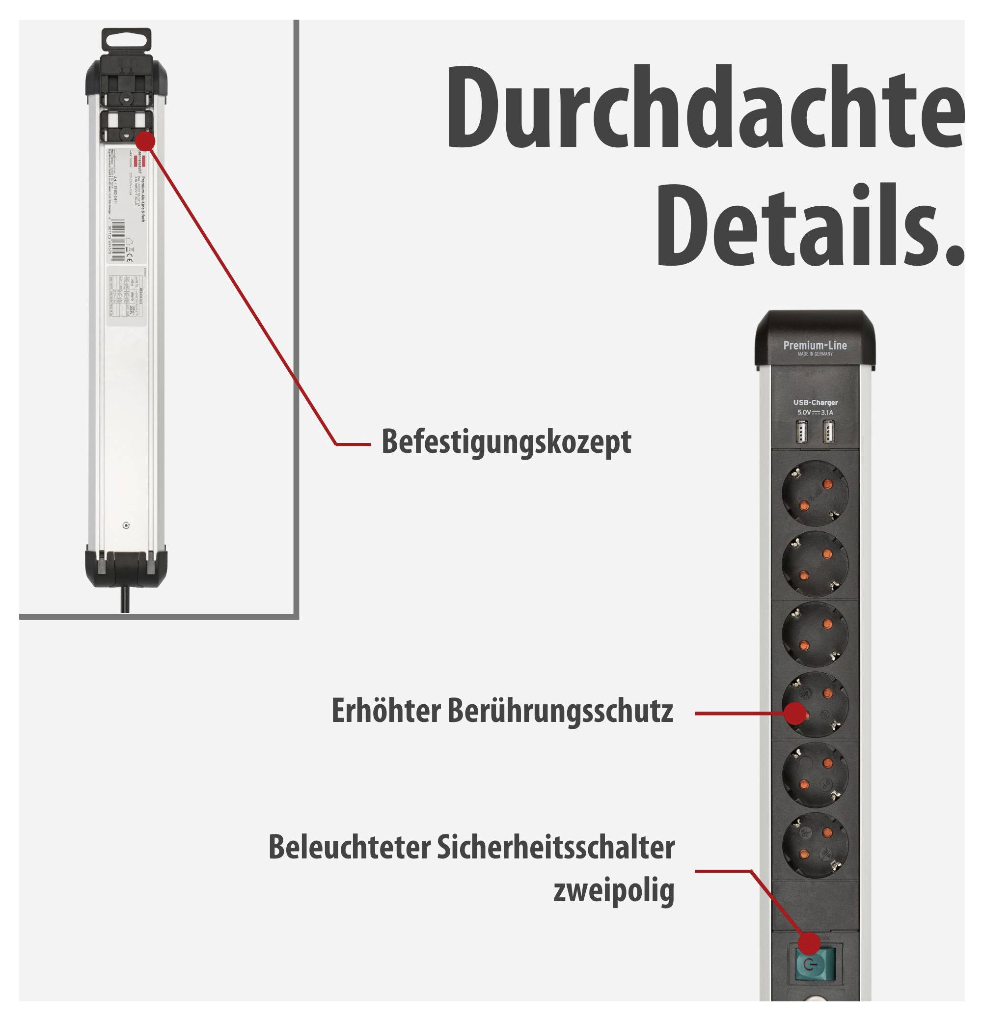 Advertentiegrafiek van een stekkerdoos: links detail van het bevestigingsconcept, rechts voorkant met zes stopcontacten, verlichte bipolaire veiligheidsschakelaar en verhoogde contactbescherming.