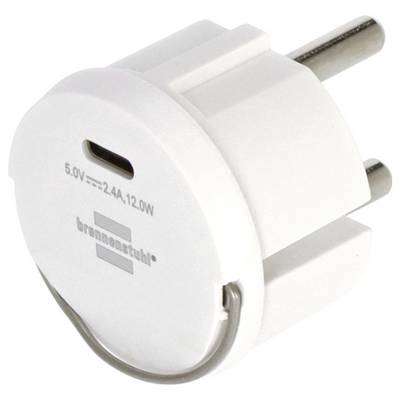 Witte USB-wandlader met twee ronde pinnen en een USB-C-poort, gelabeld '5.0V==2.4A 12.0W' en 'braunnetzwerke'.