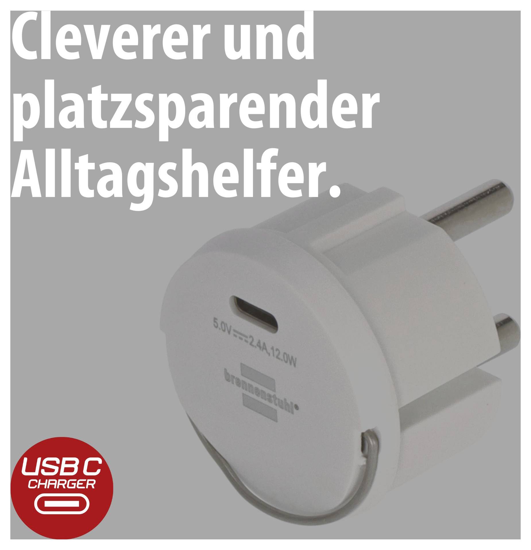 Advertentiafgrafiek van een wit USB-C-laadapparaat met Europese stekker en de tekst 'Slimmer en ruimtebespaarder dagelijks hulpmiddel.'