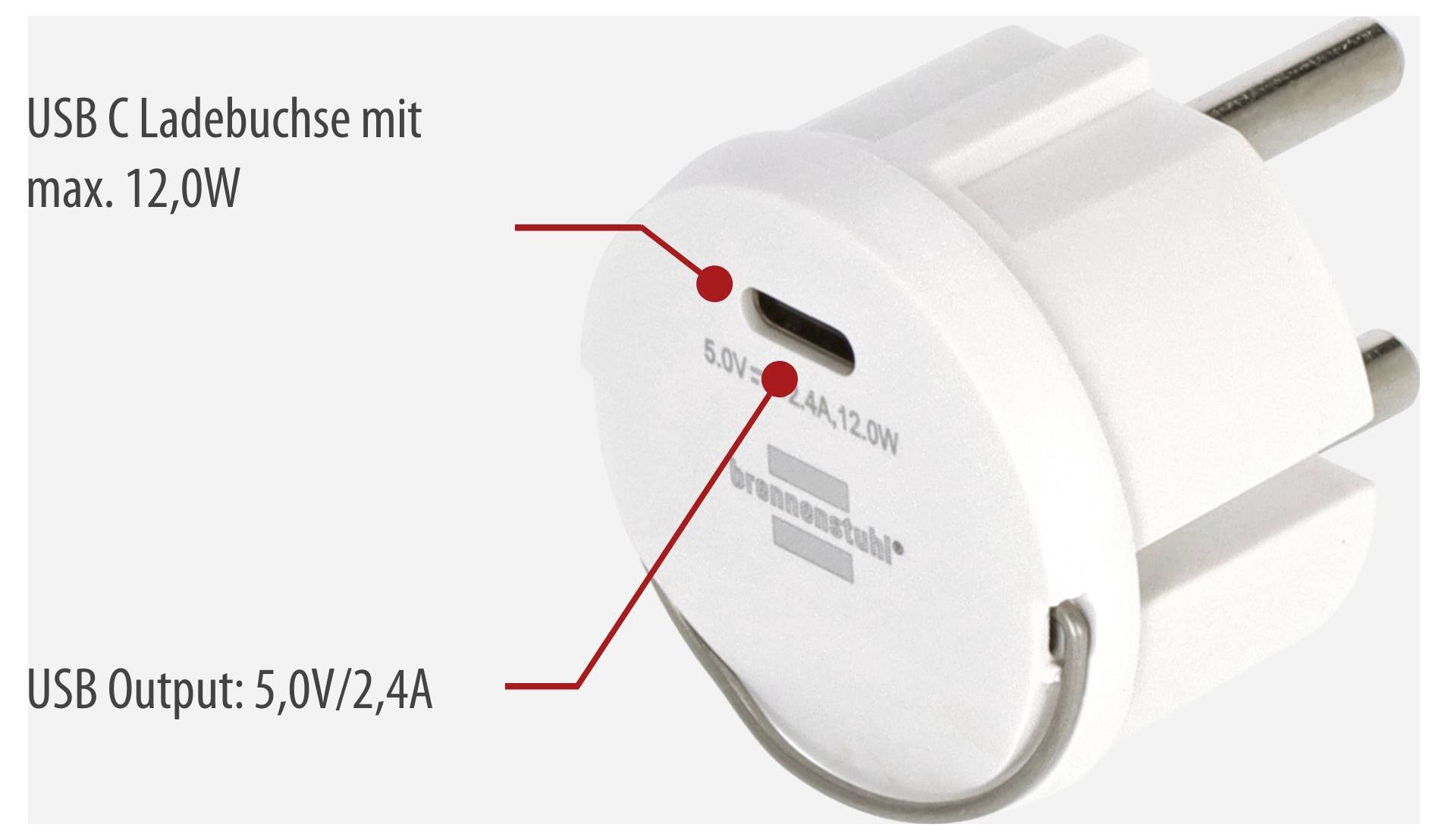 Witte USB-C-laadadapter met EU-stekker, maximaal 12 W; labelering toont USB-C-laadpoort, 5,0 V/2,4 A en USB-uitgang.