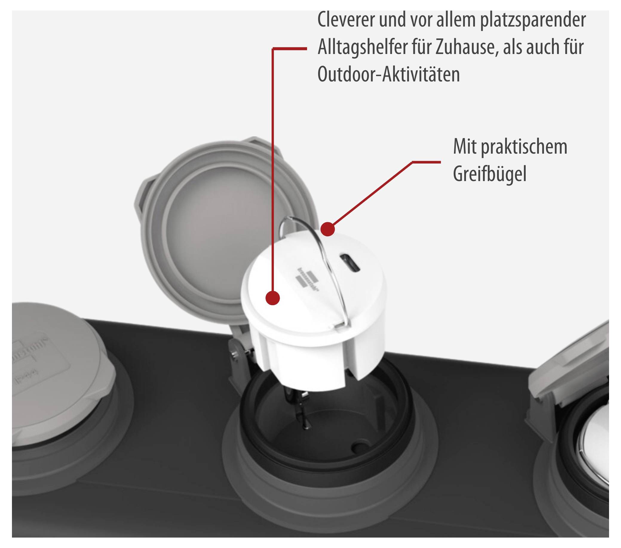 Afneembare witte container met handvat in de ronde inlaat; geëtiketteerd als handige dagelijkse hulp voor thuis en buitenactiviteiten.