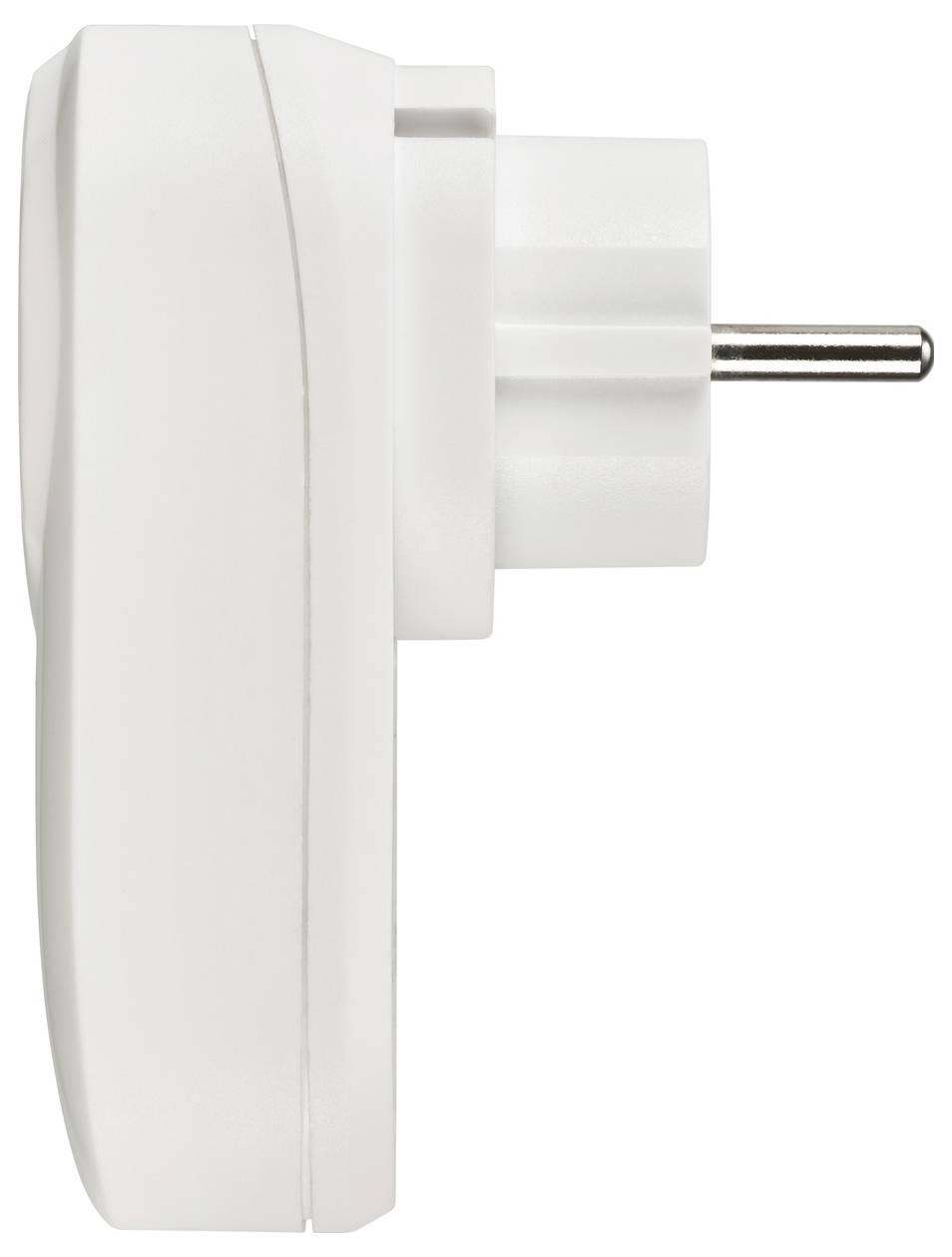 Witte elektrische stekkeradapter met een enkele metalen pin op een effen witte achtergrond, weergegeven in zijaanzicht.