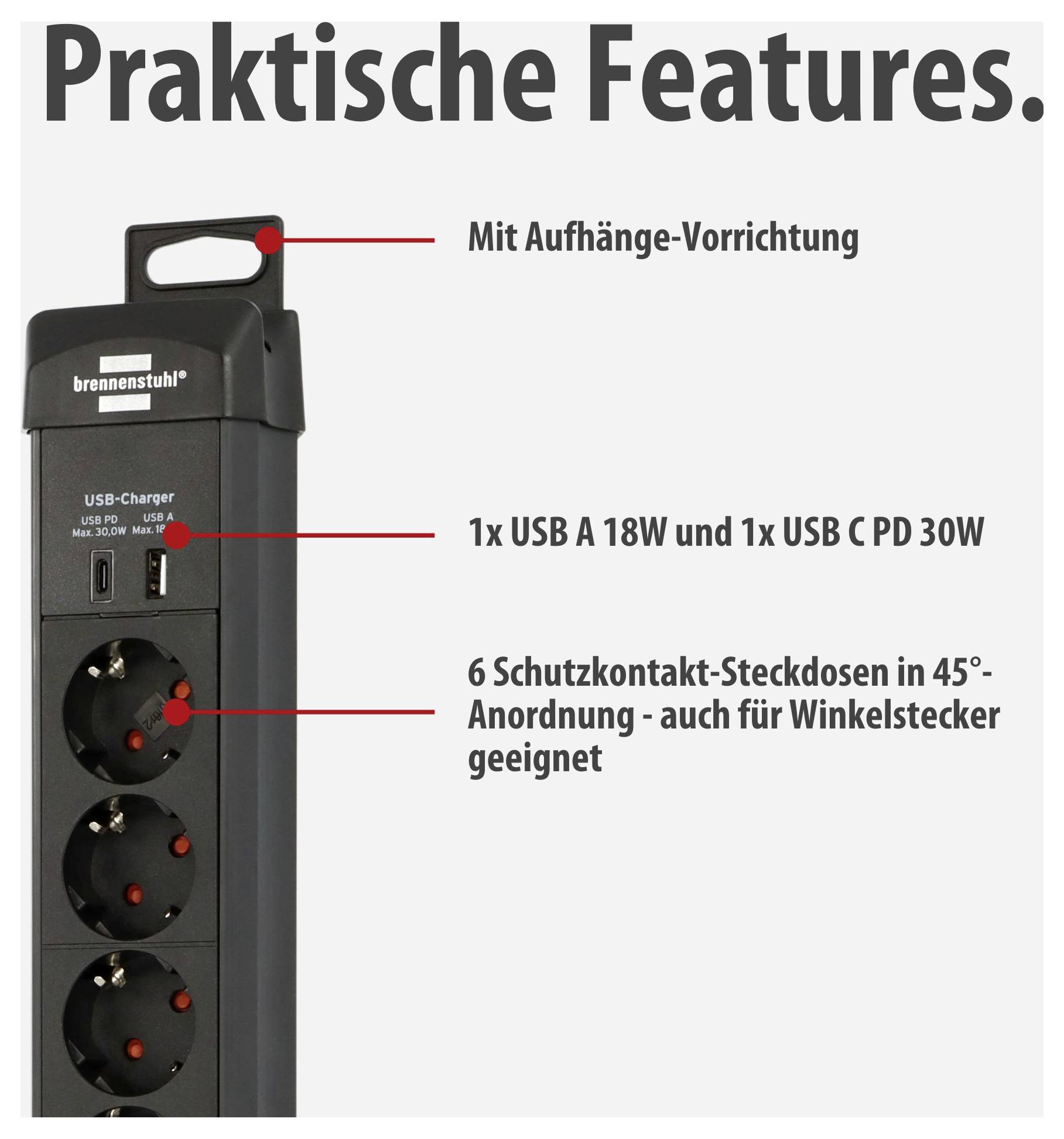 Presentatie van een meervoudige stekkerdoos met ophangvoorziening, 1x USB-A 18W, 1x USB-C PD 30W en 6 contactdozen met aardepin in 45°-hoekopstelling voor haakse stekkers.