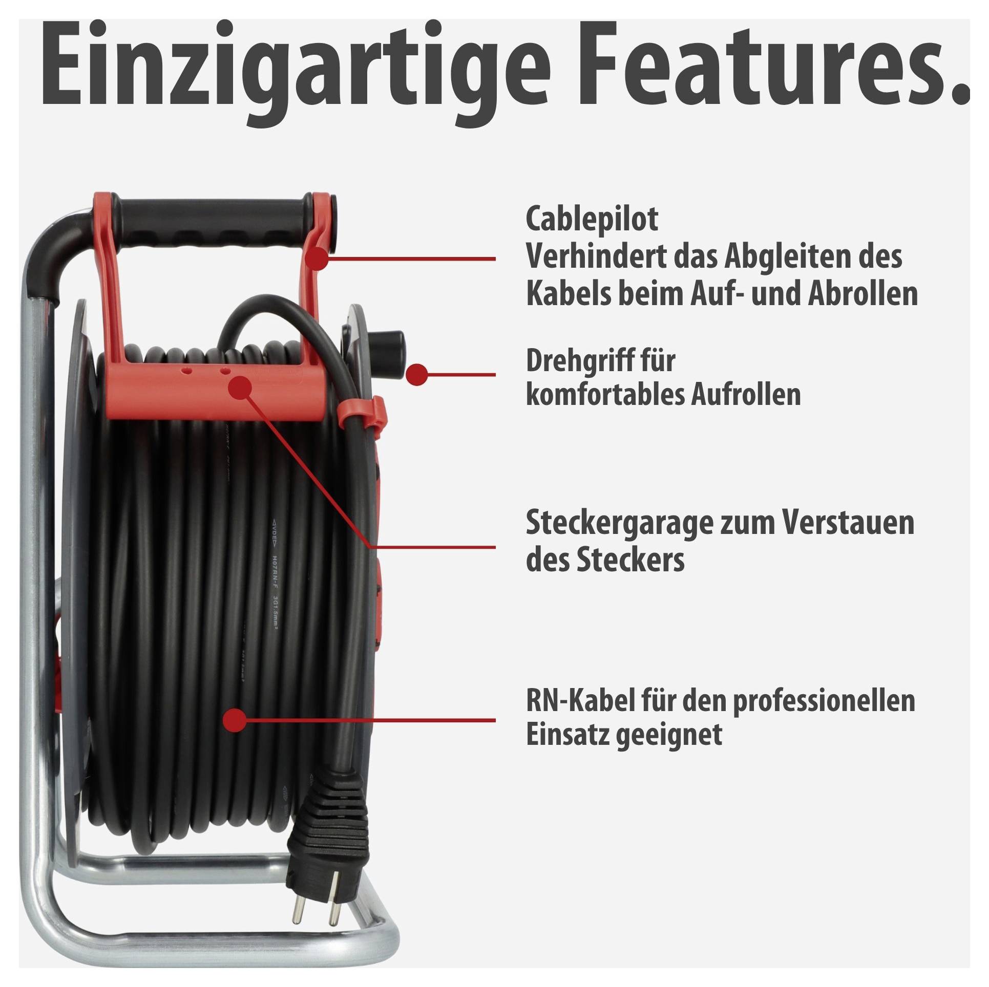 Productafbeelding van een kabelrol met de kenmerken Cablepilot, draaigreep, stekkergaragе en professionele RN-kabel.