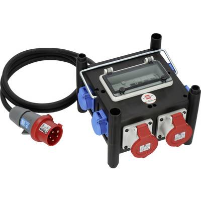 Draagbare driefase elektrische verdeeldoos met digitale meter, meerdere rode contactdozen en aangesloten stroomkabelpan.