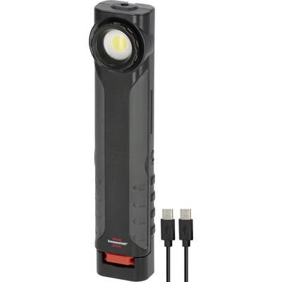Zwarte oplaadbare zaklamp met een groot LED-lampje en twee USB-C-oplaadkabels ernaast
