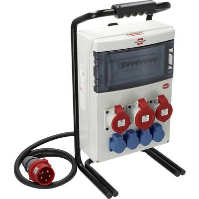 Draagbare elektrische verdeelkast met transparante deksel, draaggreep, en meerdere rode en blauwe stroomuitgangen op een standaard met bevestigde kabel en stekker.