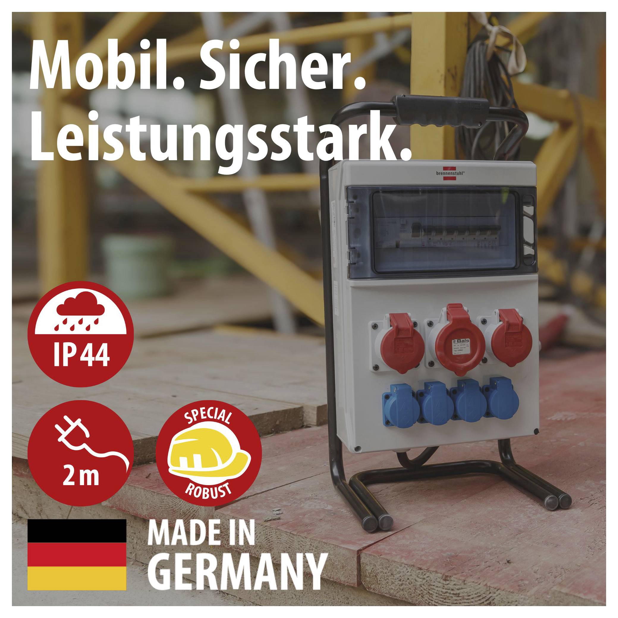 Mobiele, robuuste bouwstroomverdeler met IP44, 2 m kabellengte en 'Made in Germany'-aanduiding.