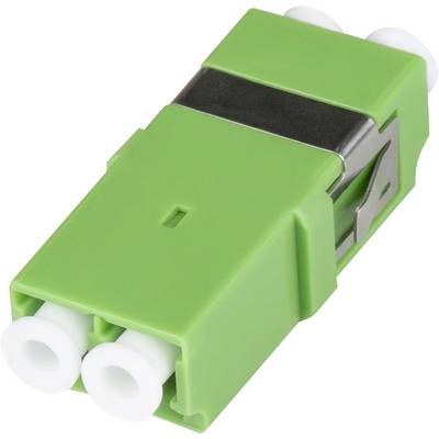 Een groene rechthoekige vezeloptische adapter met twee witte invoerpoorten, gebruikt voor het verbinden van twee optische kabels.
