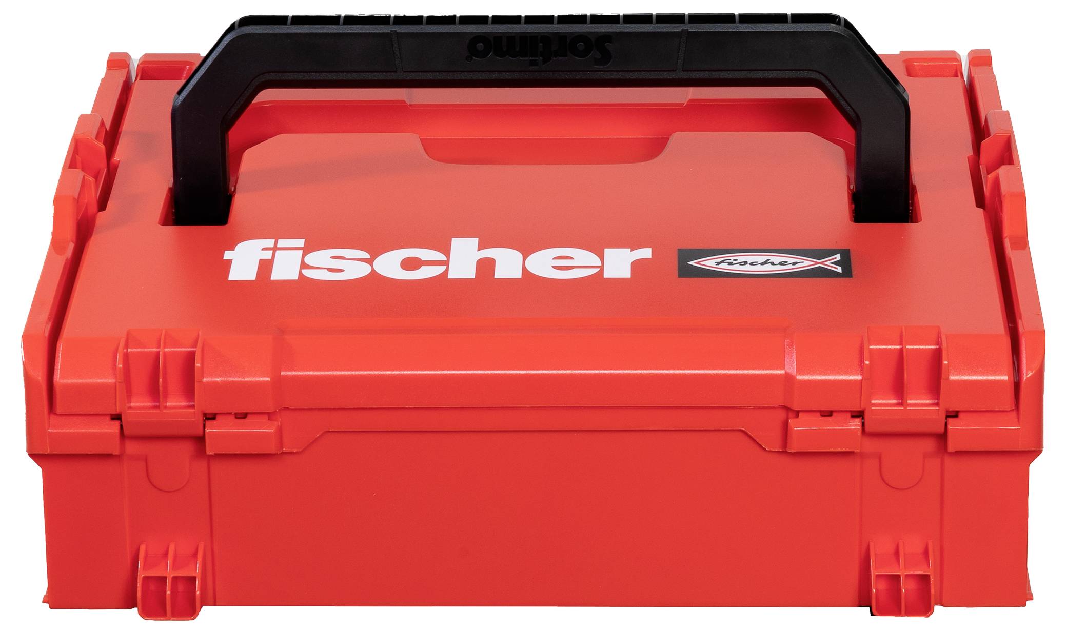 Een rode gereedschapskist met een zwarte handgreep, gelabeld 'fischer' en 'fischer X'.