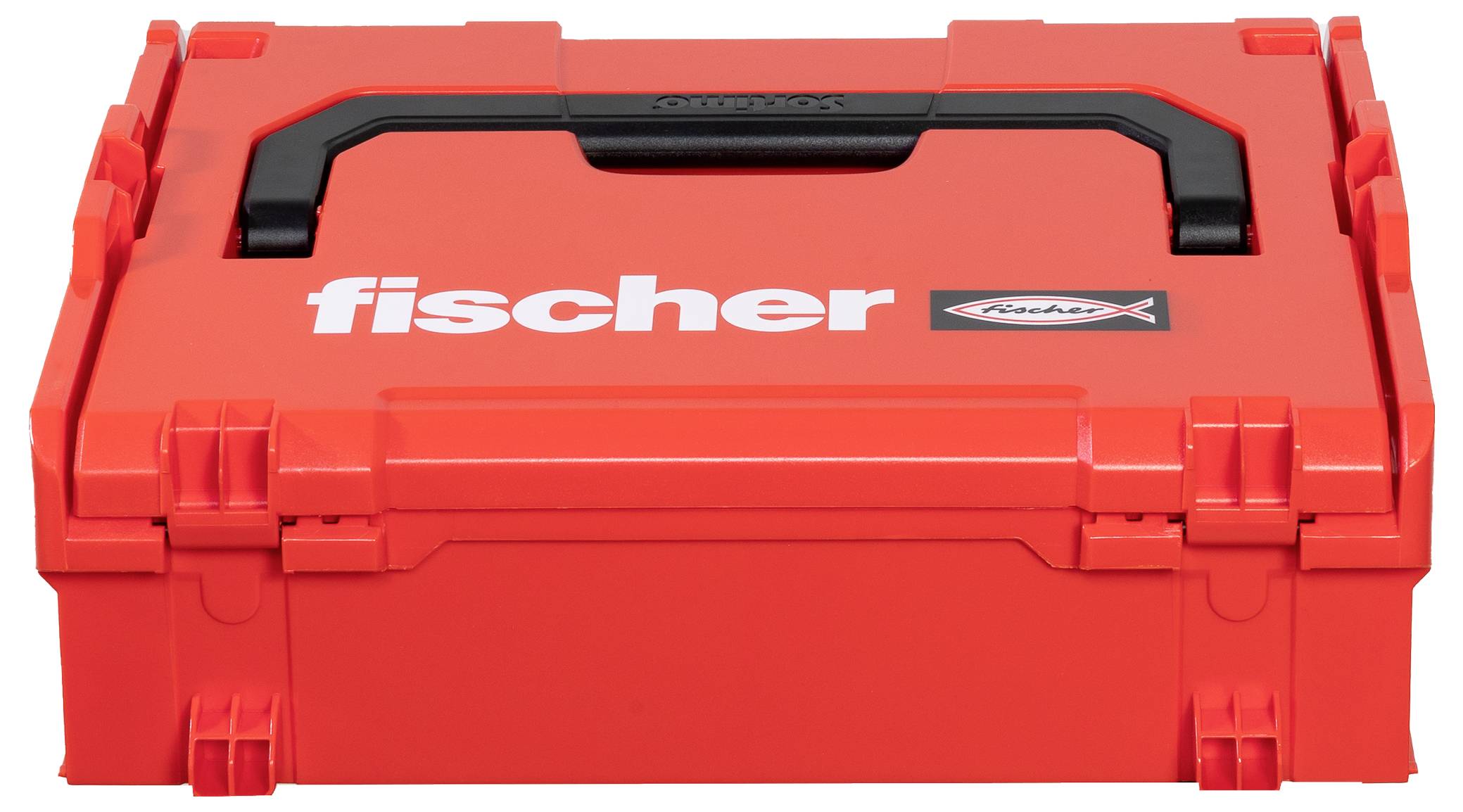 Een rode opbergdoos met een zwarte handgreep, voorzien van het label 'fischer'.