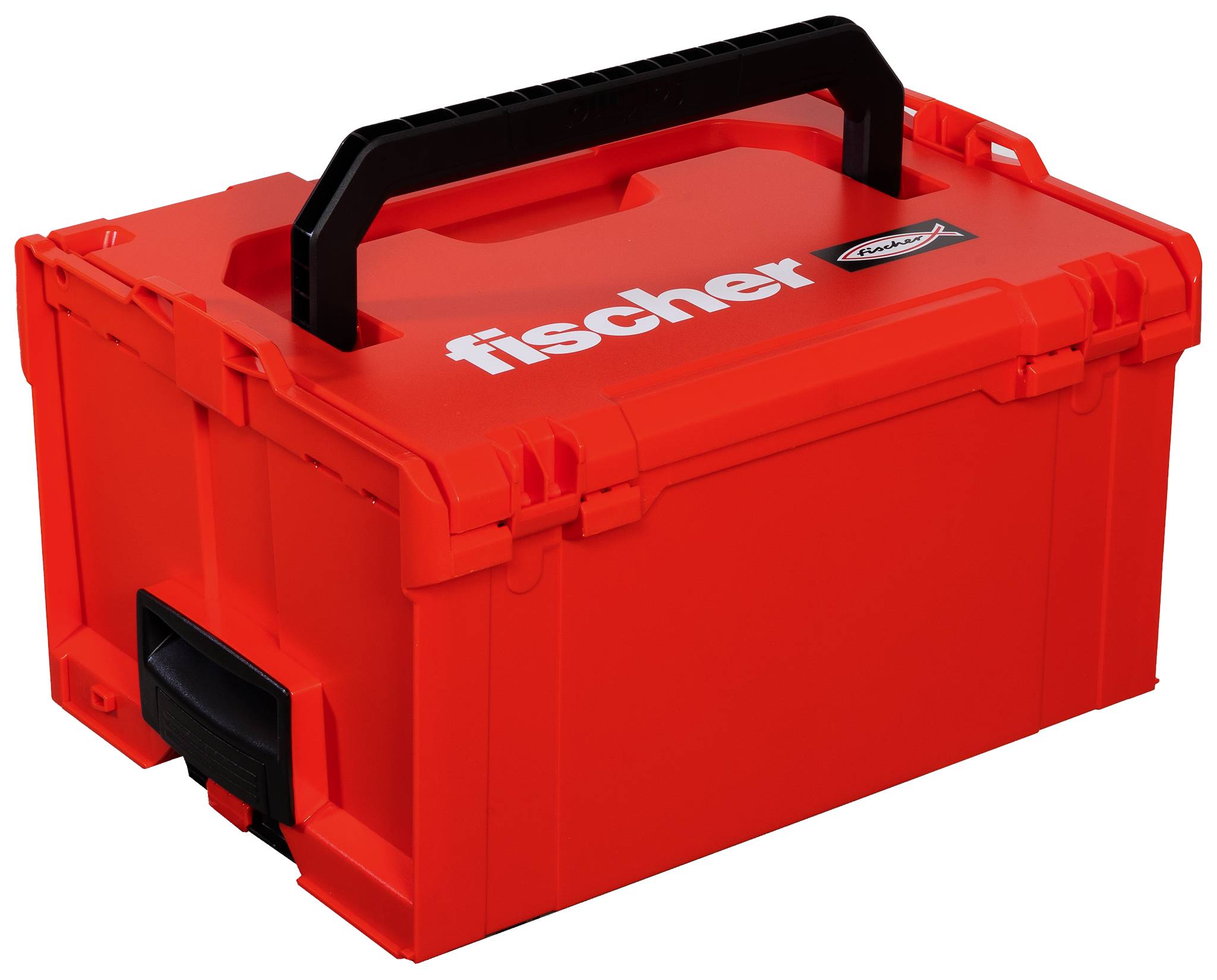 Rode kunststof draagkist met zwart handvat en 'fischer' logo op het deksel.