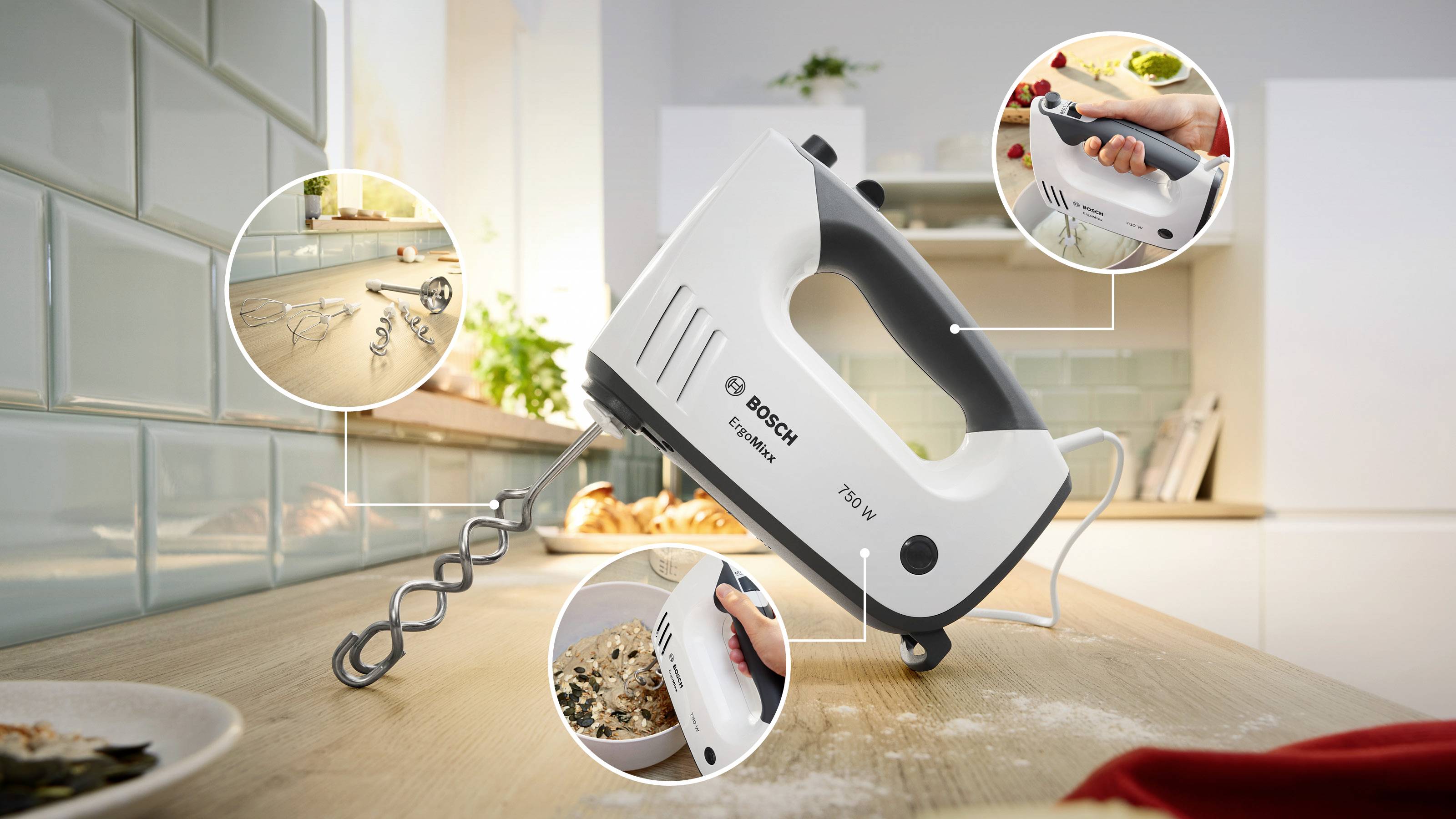 Bosch ErgoMixx 750 Watt, Edelstahl-Mixuß Handmixer 750 W Zwart, Wit-2
