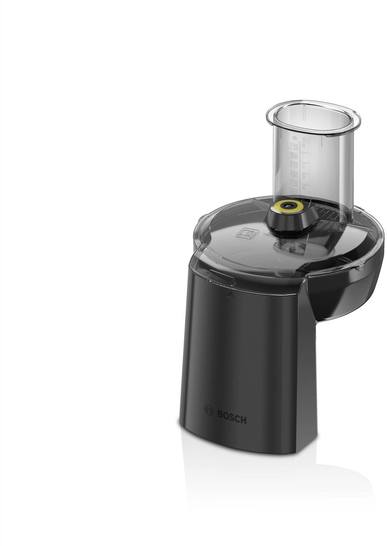 Een zwarte elektrische keukenmachine met een transparante deksel en een rond opzetstuk, waarschijnlijk een foodprocessor of blender. Bosch-logo zichtbaar.