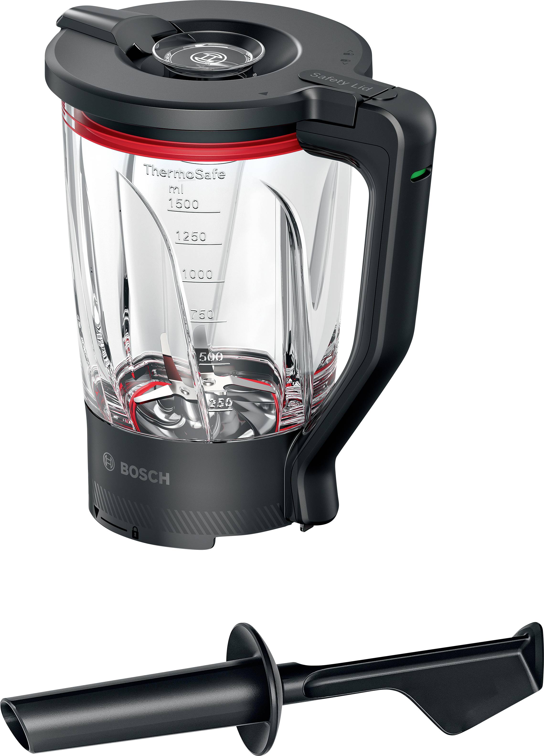 'Bosch ThermoSafe' blenderbeker met maatstreepjes en een zwarte stamper eronder.