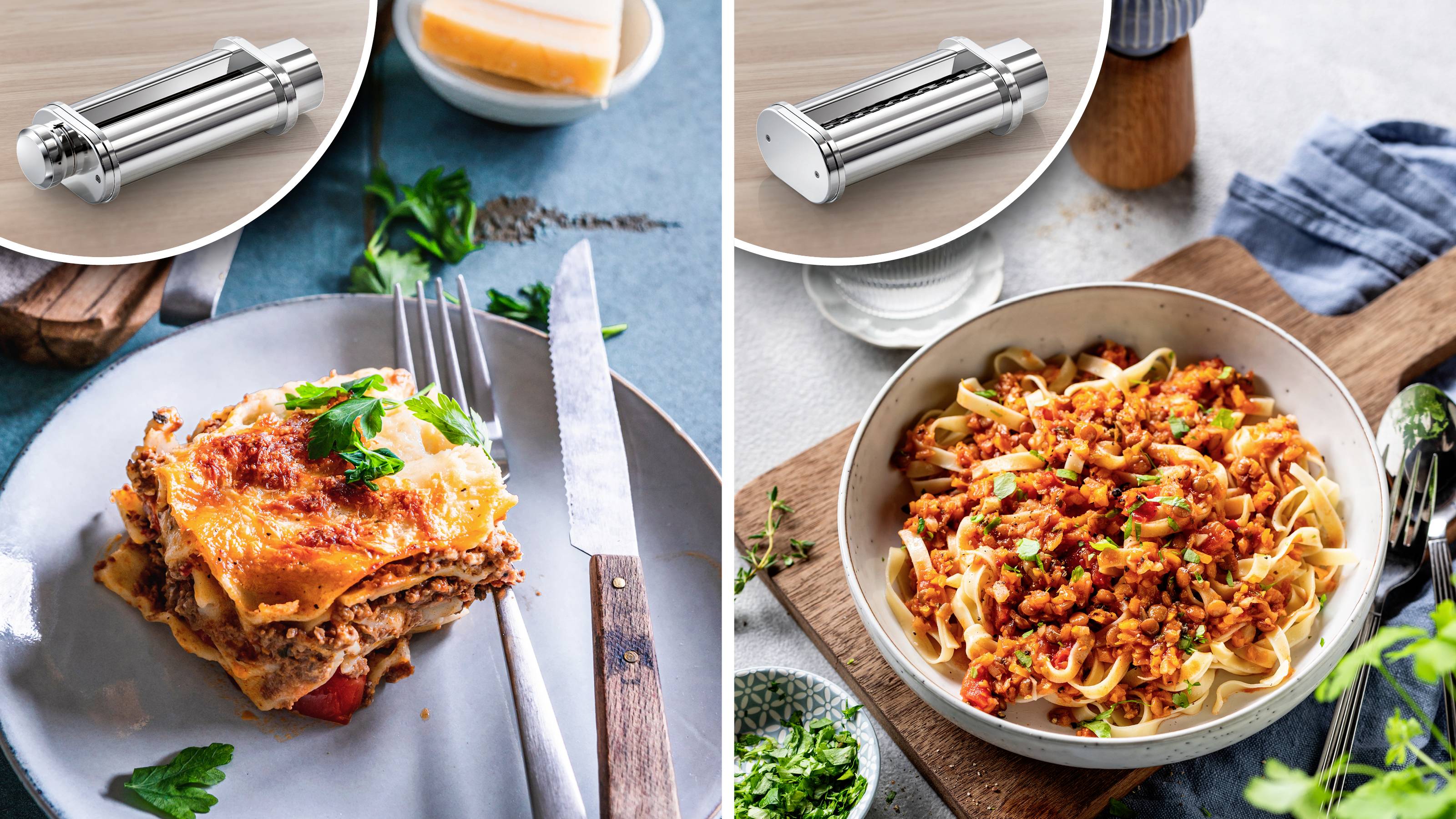 'Twee gerechten: lasagne met kaas en kruiden op een bord, en pasta met tomatensaus en kruiden in een kom. Kaas en molen in de buurt.'