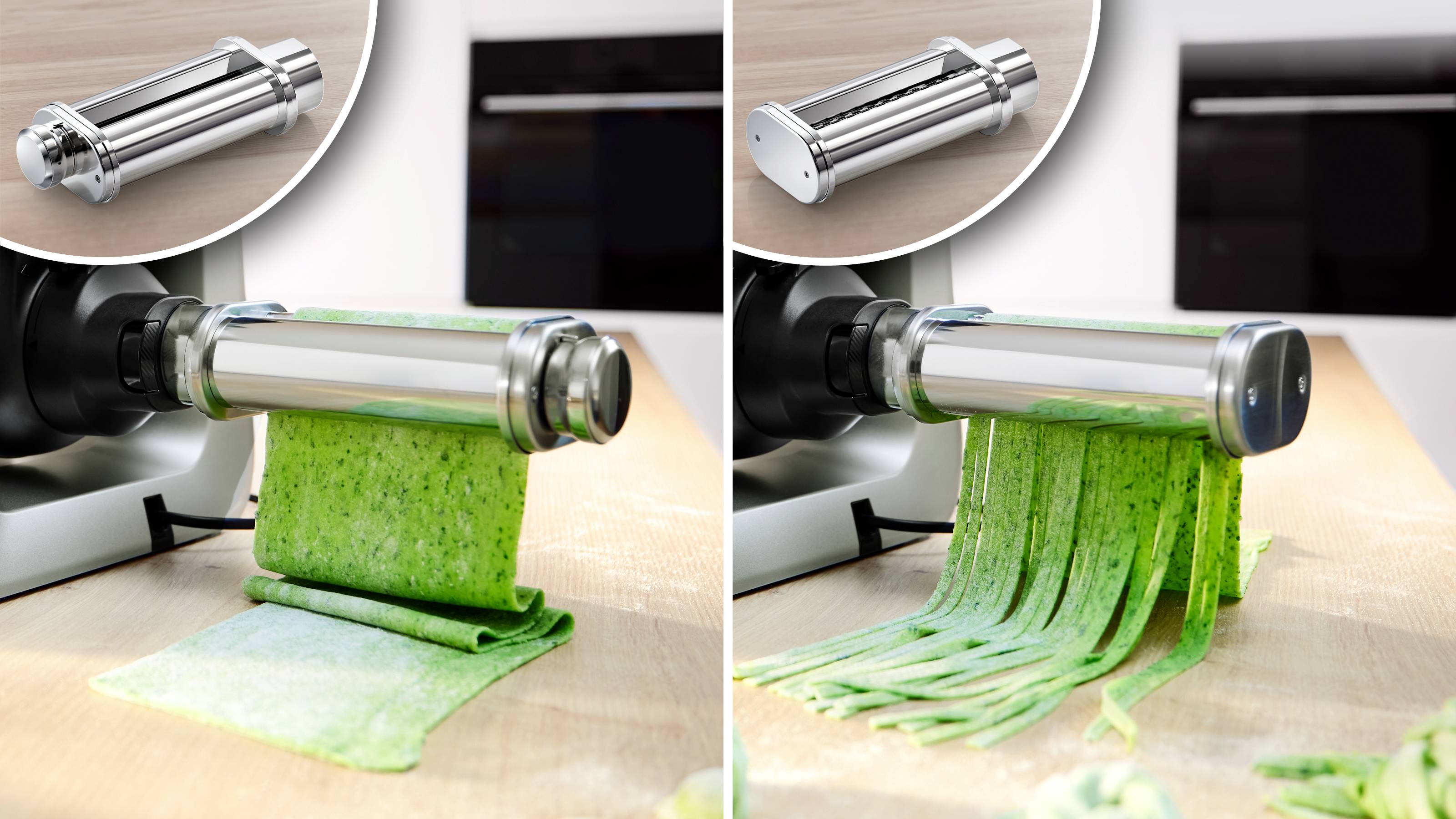 Twee afbeeldingen tonen een pastamachine. Links wordt gladde groene pasta uitgerold; rechts wordt de pasta in reepjes gesneden.