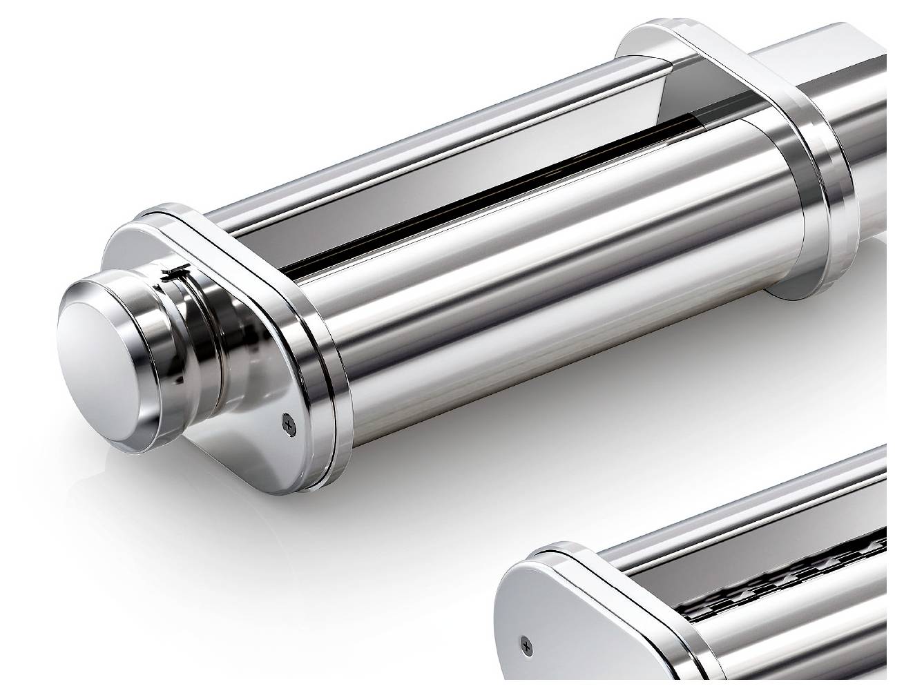 Een close-up van een glanzend, metalen cilindrisch voorwerp met een strak design, waarbij de gepolijste oppervlakte en mechanische componenten worden getoond.