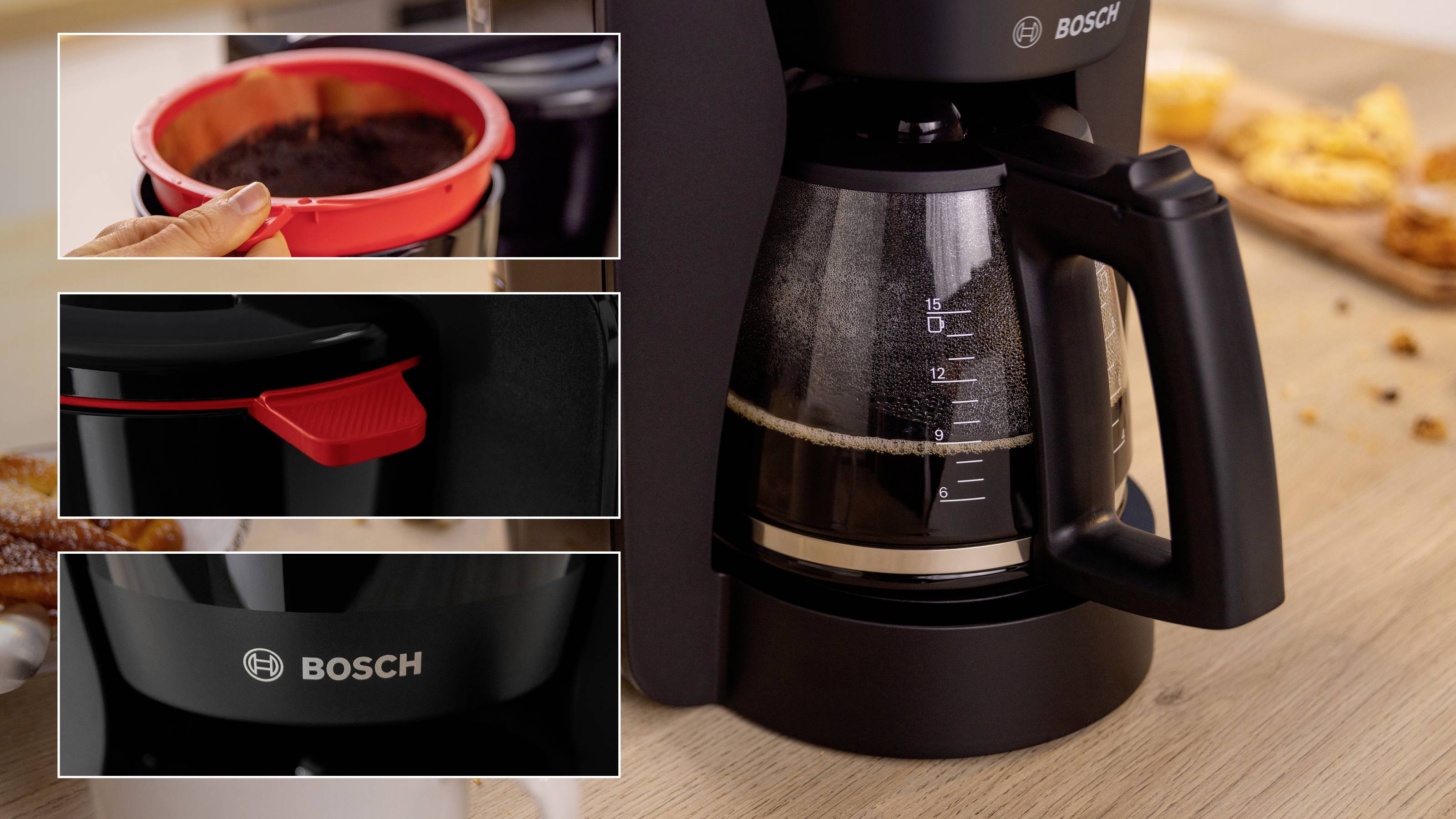 Bosch-koffiezetapparaat met een gevulde kan. Inzetfoto's tonen een uitneembare koffiefilterhouder, een close-up van een schakelaar en het Bosch-logo.
