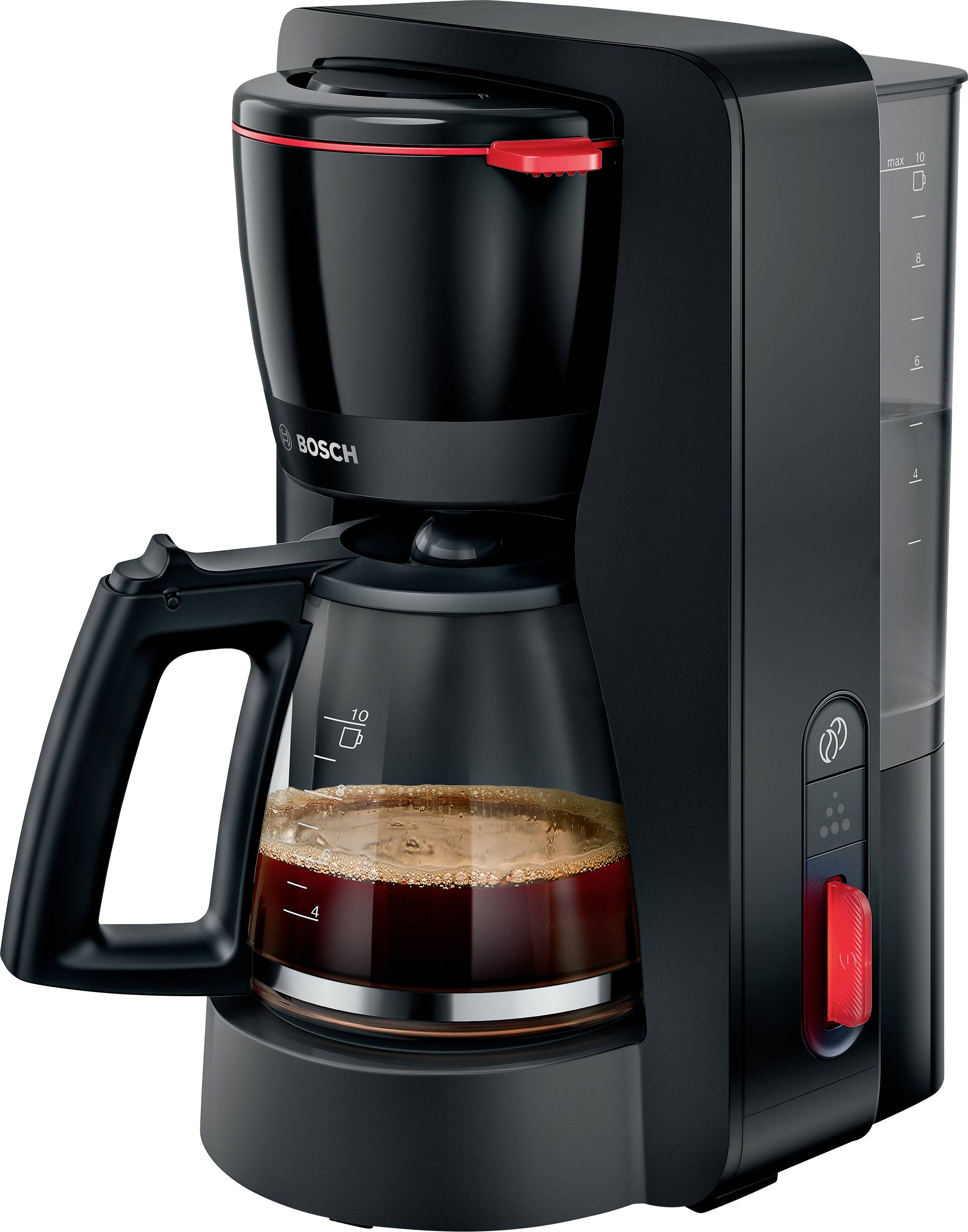 'Zwarte koffiezetmachine met een glazen kan die half gevuld is met koffie, voorzien van een rode aan/uit-knop en een waterstandsindicator aan de zijkant.'