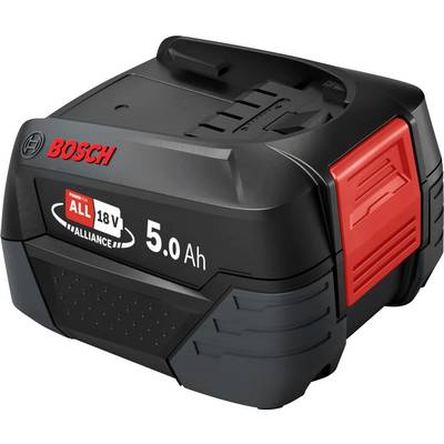 'Bosch 18V 5.0 Ah accu, zwart met rode accenten, Power For All Alliance logo.'