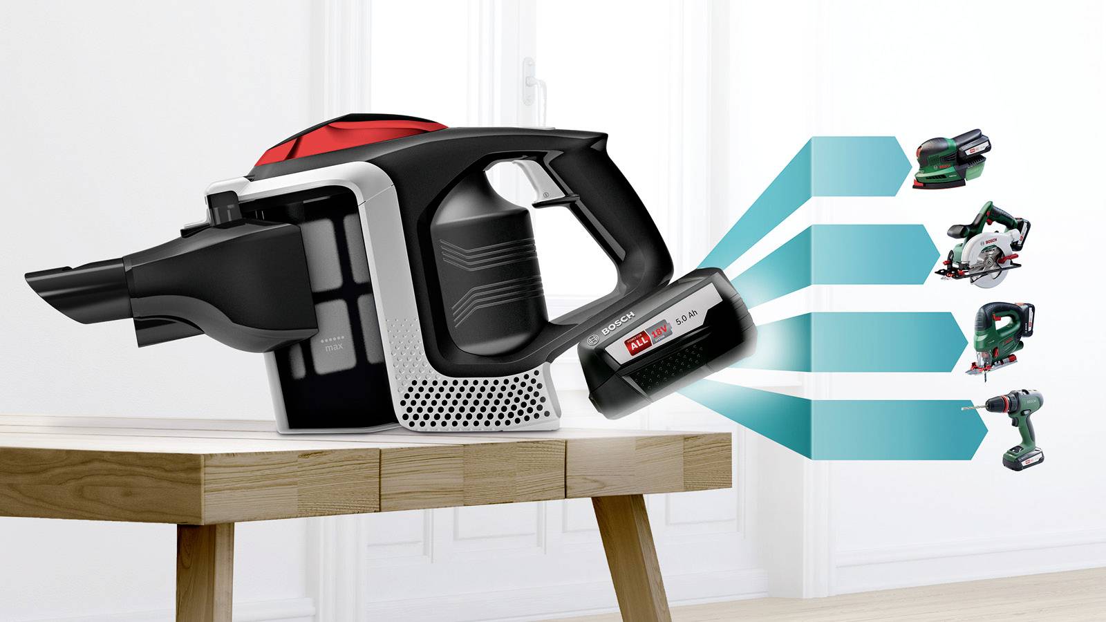 Een compacte, snoerloze stofzuiger staat uitgestald op een tafel, waarbij de verwijderbare batterij in de spotlights staat. Grafische afbeeldingen tonen de compatibiliteit met meerdere gereedschappen.