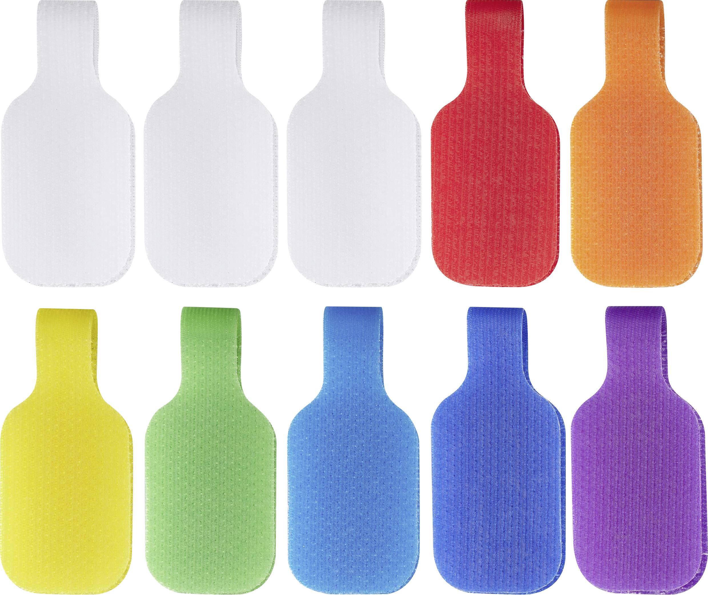 Tien kleurrijke zelfklevende kabelbinders in wit, rood, oranje, geel, groen, blauw en paars, gerangschikt in twee rijen.
