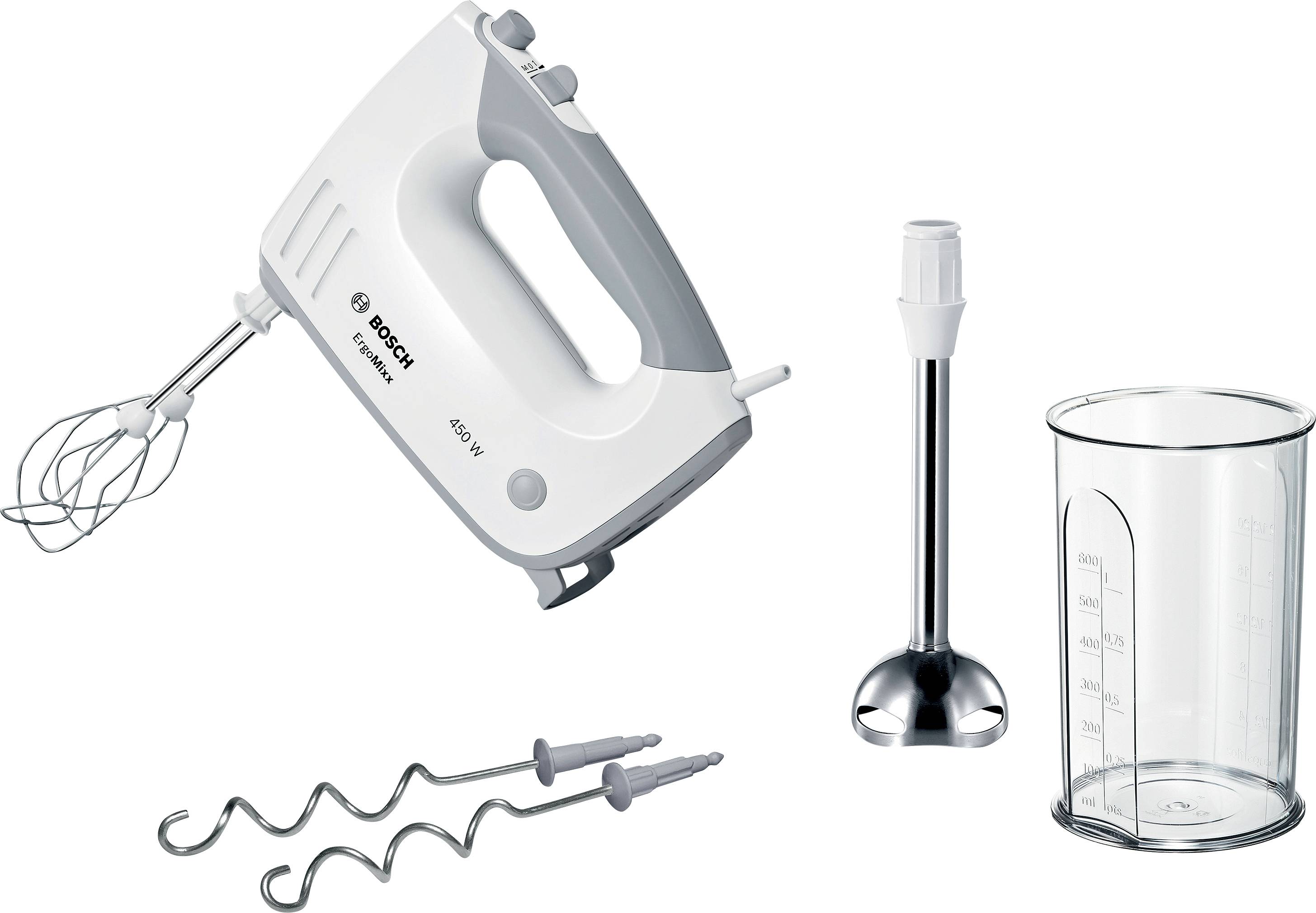 'Bosch handmixer set' bevat een handmixer, twee garde-opzetstukken, een deeghaak, een staafmixer en een maatbeker.
