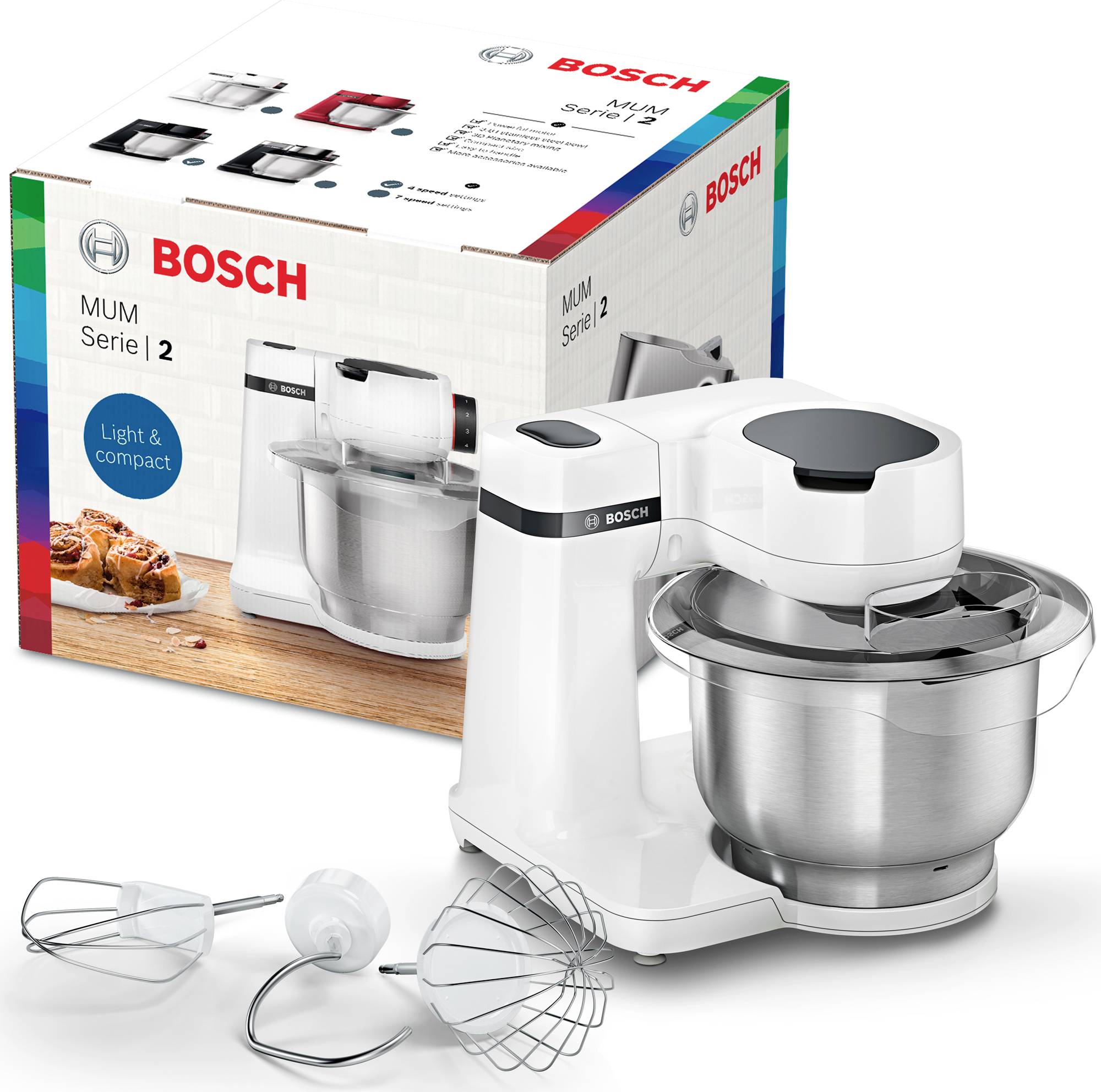 Een Bosch keukenmachine in wit, voorzien van een roestvrijstalen kom, inclusief deeghaak en klopper. Op de verpakking staat vermeld 'Licht & Compact'.