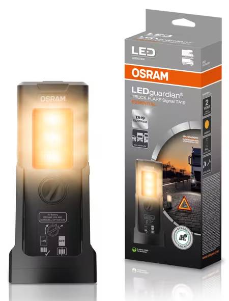 OSRAM LEDguardian TRUCK FLARE Signal TA19 verpakking en product. Toont een rechthoekig lichtapparaat met oranje verlichting naast zijn doos.
