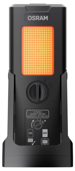 Een zwart rechthoekig elektronisch apparaat met een oranje LED-display, gelabeld 'OSRAM' bovenaan. Voorzien van een aan/uit-schakelaar en een diagram eronder.