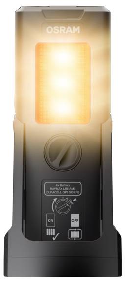 'Zaklamp die oranje licht uitstraalt, met merk Osram, voorzien van bedieningsknoppen voor helderheid en een schakelaar voor aan/uit.'
